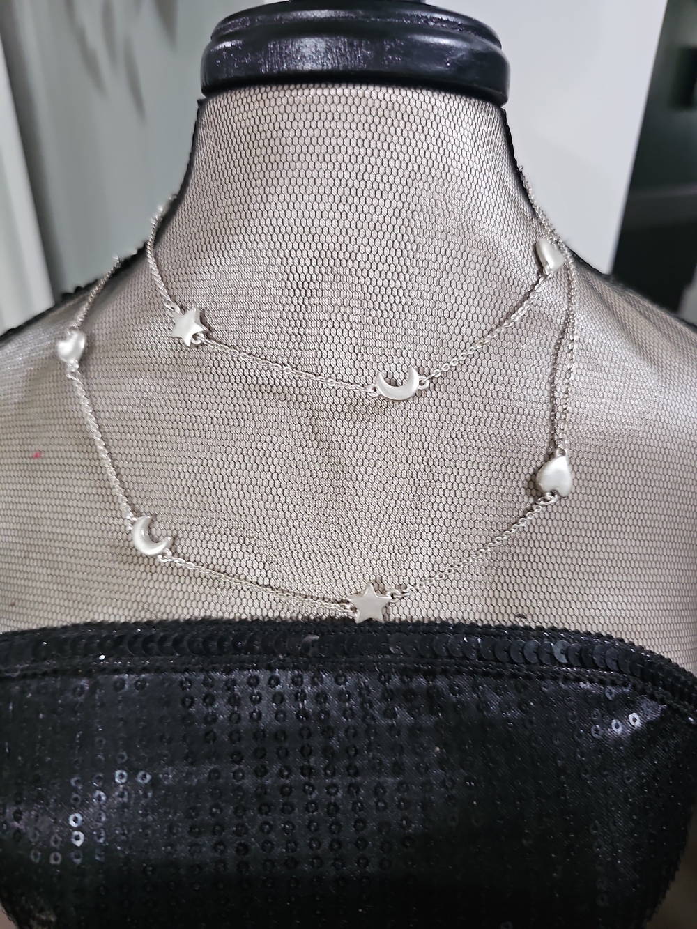Silver Star, Moon & Heart Layered Necklace - Women's Jewelry. Size 36 inch.